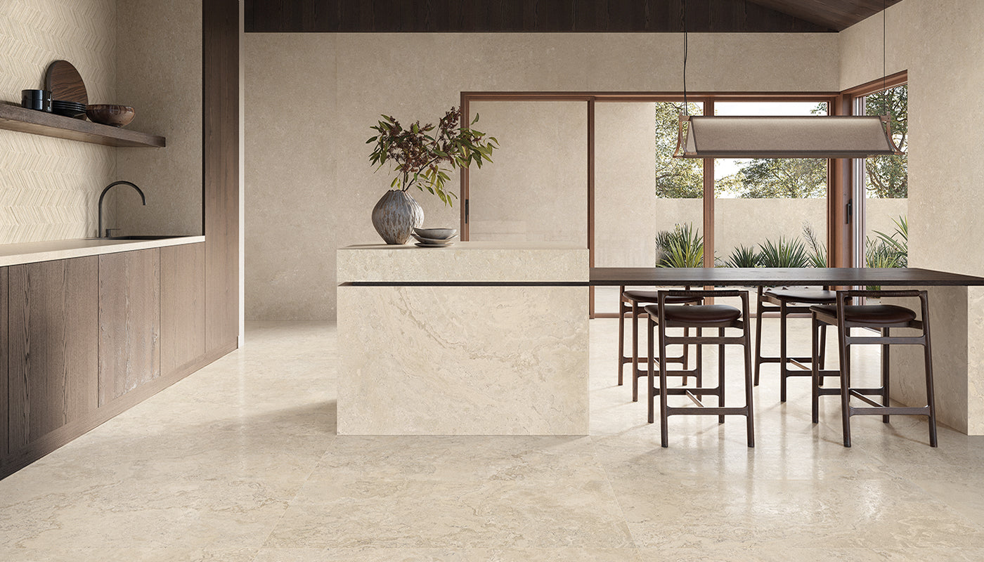 Unique Bourgogne Beige porcelain field tile by Emil, tecnica finish, 23 5/8"x47 1/4"x9-mm size. Premium Italian porcelain for floors and walls.