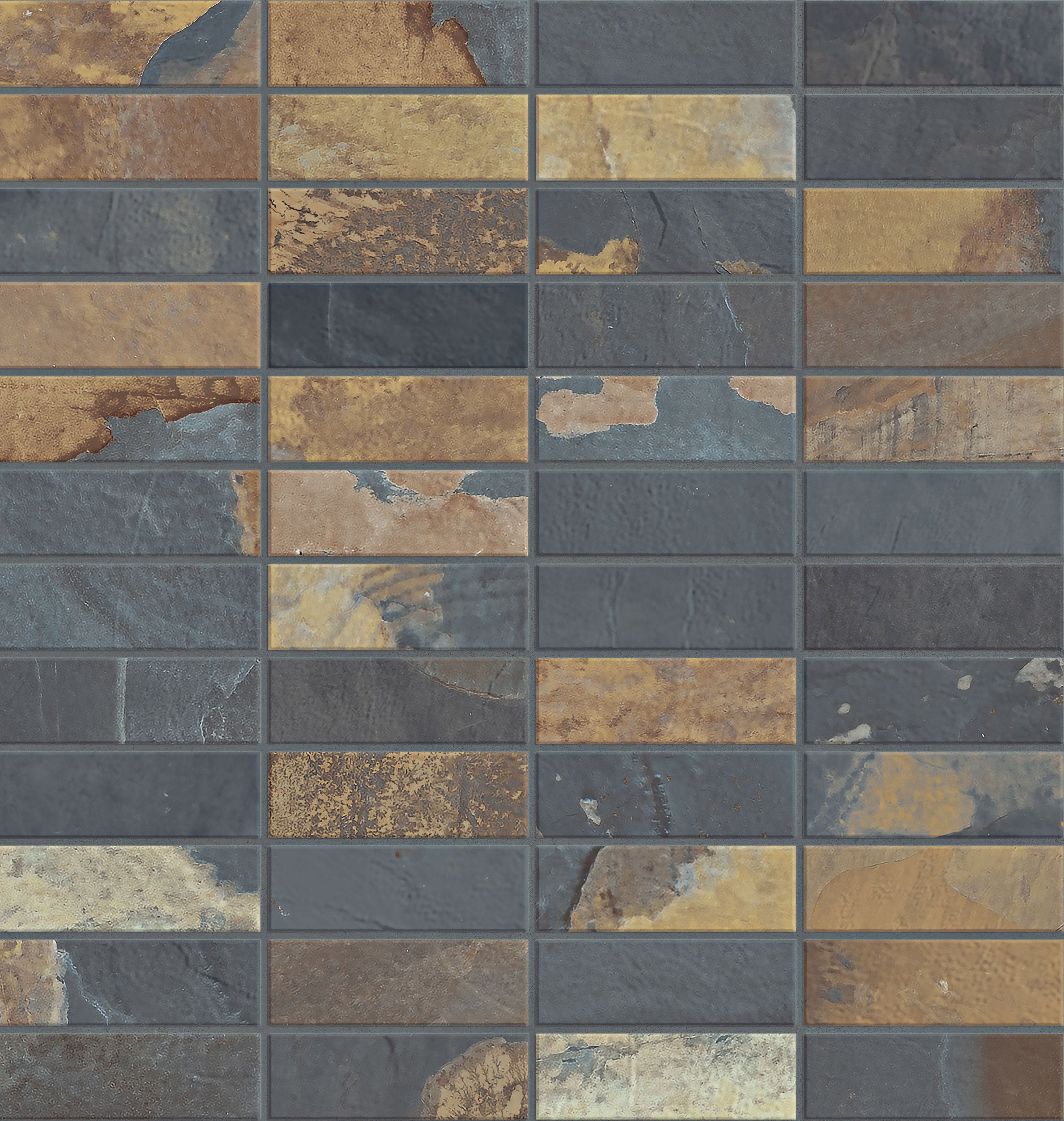 Essence Mariposa Slate porcelain mosaic, top-down product view, 12"×12"×11/32" size. Premium porcelain for floors and walls.