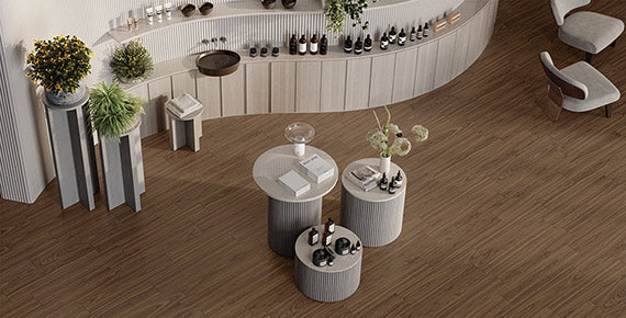 NOTTINGHAM Honey porcelain field tile, lifestyle installation view 2, 8"×40"×5/16" size. Premium porcelain for floors and walls.