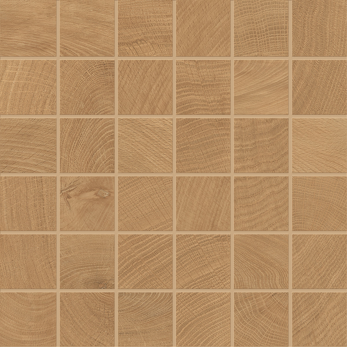 W-Circles Walnut porcelain mosaic tile by Emil, naturale finish, 11 13/16"x11 13/16"x9-mm size. Premium Italian porcelain for floors and walls.