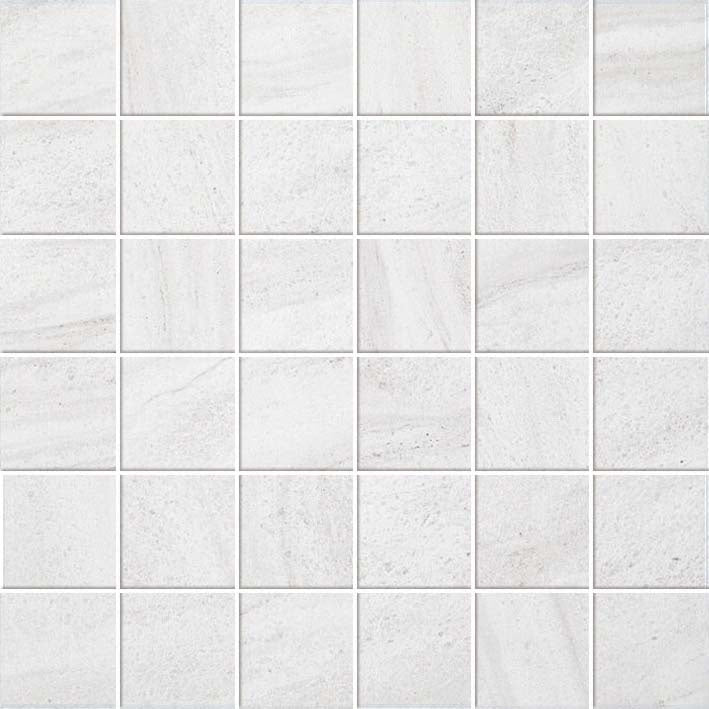 Elegant matte white marble-look porcelain mosaic with timeless Carrara-inspired veining, exuding serene sophistication and refined luxury.