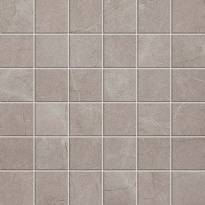 Matte gray marble-look porcelain mosaic with classic elegance, interlocking squares in serene Corinthian Gray for refined spaces.