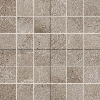 Interlocking greige mosaic tiles with rustic limestone texture, matte finish, and warm earthy tones for organic modern spaces.
