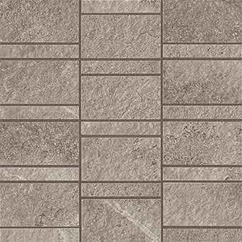 Rustic limestone-inspired porcelain mosaic in warm greige, with organic texture and matte finish for a relaxed, grounded elegance.