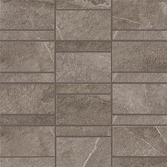 Rustic anthracite limestone-look porcelain mosaic with warm, textured matte finish and organic stacked pattern for relaxed elegance.