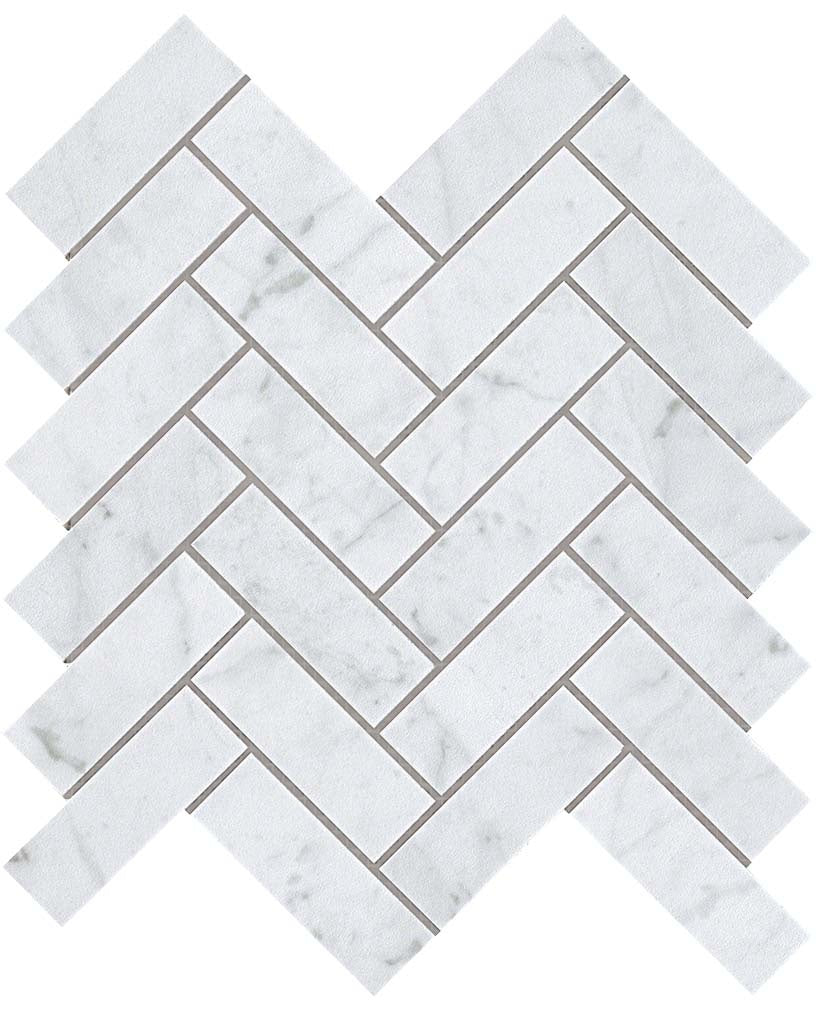 Elegant Carrara marble-look porcelain mosaic in a refined herringbone pattern with a soft matte finish.