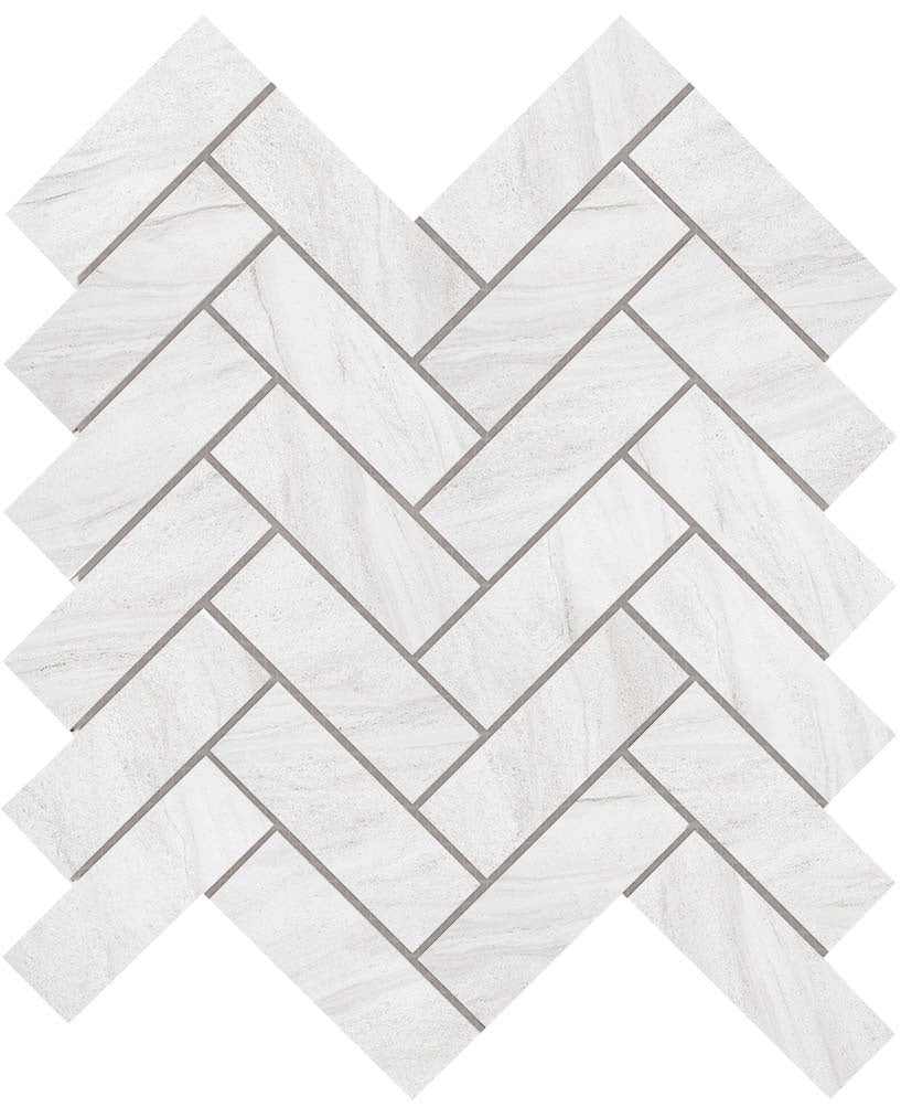 Elegant herringbone mosaic in soft white marble-look porcelain, exuding timeless sophistication with a matte finish.