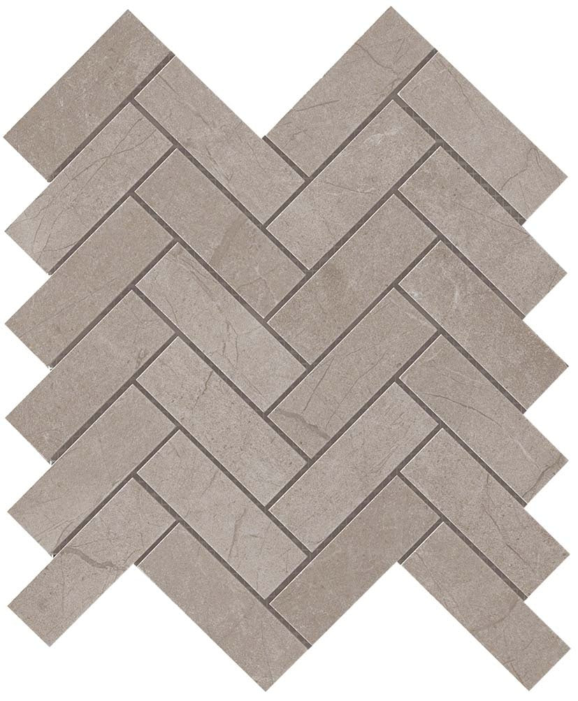 Elegant Corinthian Gray marble-look porcelain mosaic in a refined herringbone pattern, exuding timeless sophistication with a matte finish.