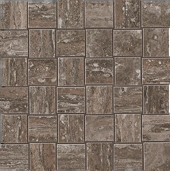 Matte brown travertine-look porcelain mosaic with organic veining in a refined basketweave pattern, exuding warm elegance and serenity.