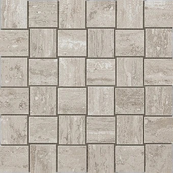 Luxury matte silver-pearl travertine-look porcelain mosaic with delicate veining in a refined basketweave pattern.