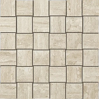 Vein-cut travertine-look porcelain mosaic in warm white with subtle silver-pearl veins, matte finish, refined basketweave pattern.