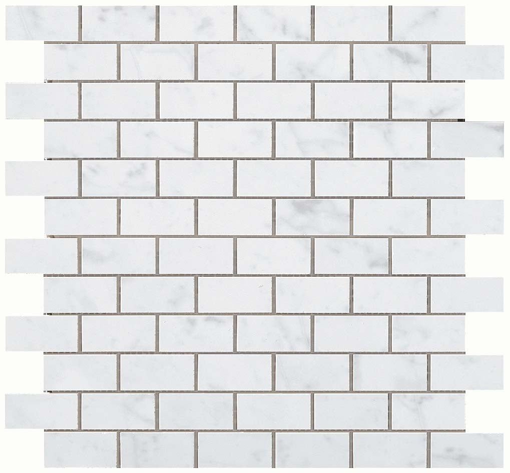 Elegant Carrara marble-look ceramic mosaic with staggered brick pattern in soft matte white, exuding timeless sophistication.