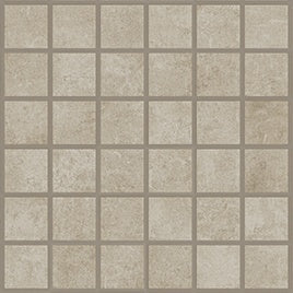 Handcrafted concrete-look mosaic in soft beige with delicate reliefs and urban sophistication, matte finish, interlocking squares.