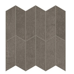 Matte brown concrete-look porcelain mosaic with delicate reliefs and subtle scratches, evoking urban sophistication and artisanal warmth.