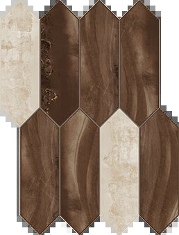 Industrial-chic iron-look porcelain mosaic with weathered oxidation and hammered texture in a rugged, interlocking picket pattern.