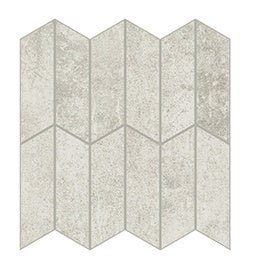 Handcrafted chevron mosaic in soft linen-toned porcelain, with delicate reliefs and a matte urban-concrete aesthetic.