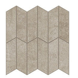 Matte beige porcelain mosaic with delicate urban texture, handcrafted chevron pattern, and refined concrete-look elegance.