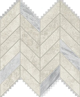 Handcrafted porcelain mosaic with delicate chevron pattern in soft linen, featuring subtle reliefs and a refined matte concrete aesthetic.