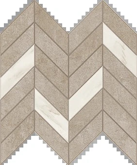 Elegant chevron mosaic in soft beige, featuring delicate handcrafted reliefs and subtle urban concrete texture for refined modern spaces.