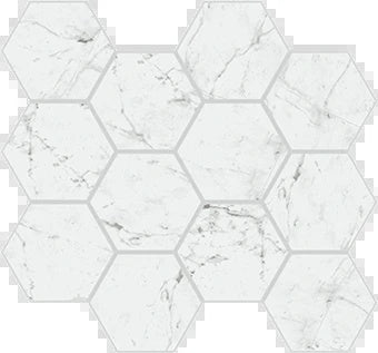 Hexagonal honeycomb mosaic in Carrara marble-look porcelain, radiating timeless elegance with a matte finish and serene white veining.