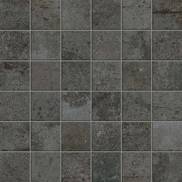 Blacktop mosaic tiles with urban concrete texture, matte interlocking squares, rugged elegance for modern minimalist spaces.