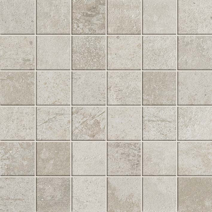 Matte white interlocking mosaic tiles with urban concrete texture, subtle cracks, and refined grayscale variations for rugged elegance.