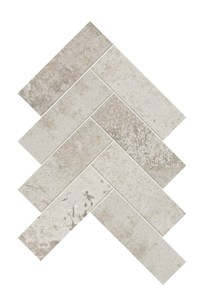 Herringbone mosaic in urban-chic chalk white porcelain with matte concrete texture, subtle cracks, and refined metropolitan elegance.