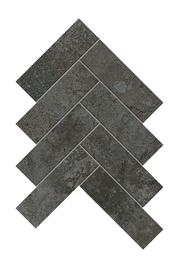 Blacktop herringbone mosaic with urban concrete texture, matte finish, and rugged elegance for refined industrial interiors.