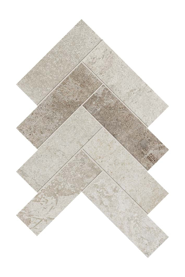 A matte white herringbone mosaic with subtle cement texture, refined cracks, and urban-industrial elegance in porcelain.