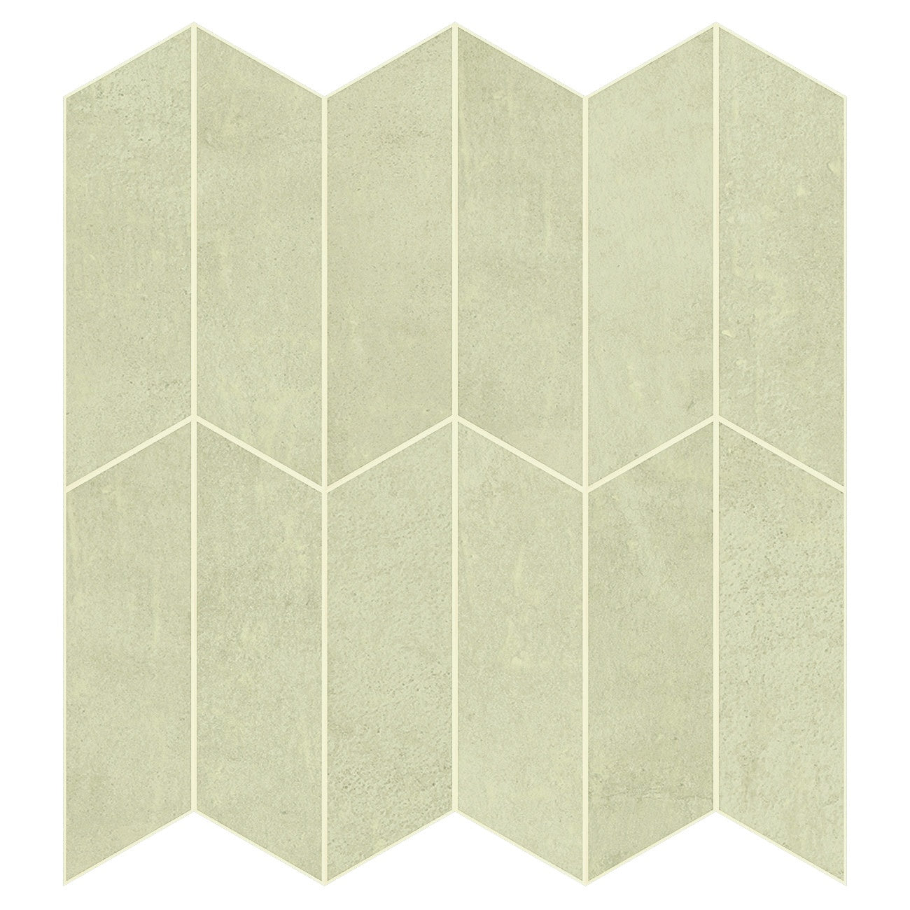 Hand-spread concrete-look porcelain mosaic in soft ivory, with delicate chevron reliefs and a refined matte finish.