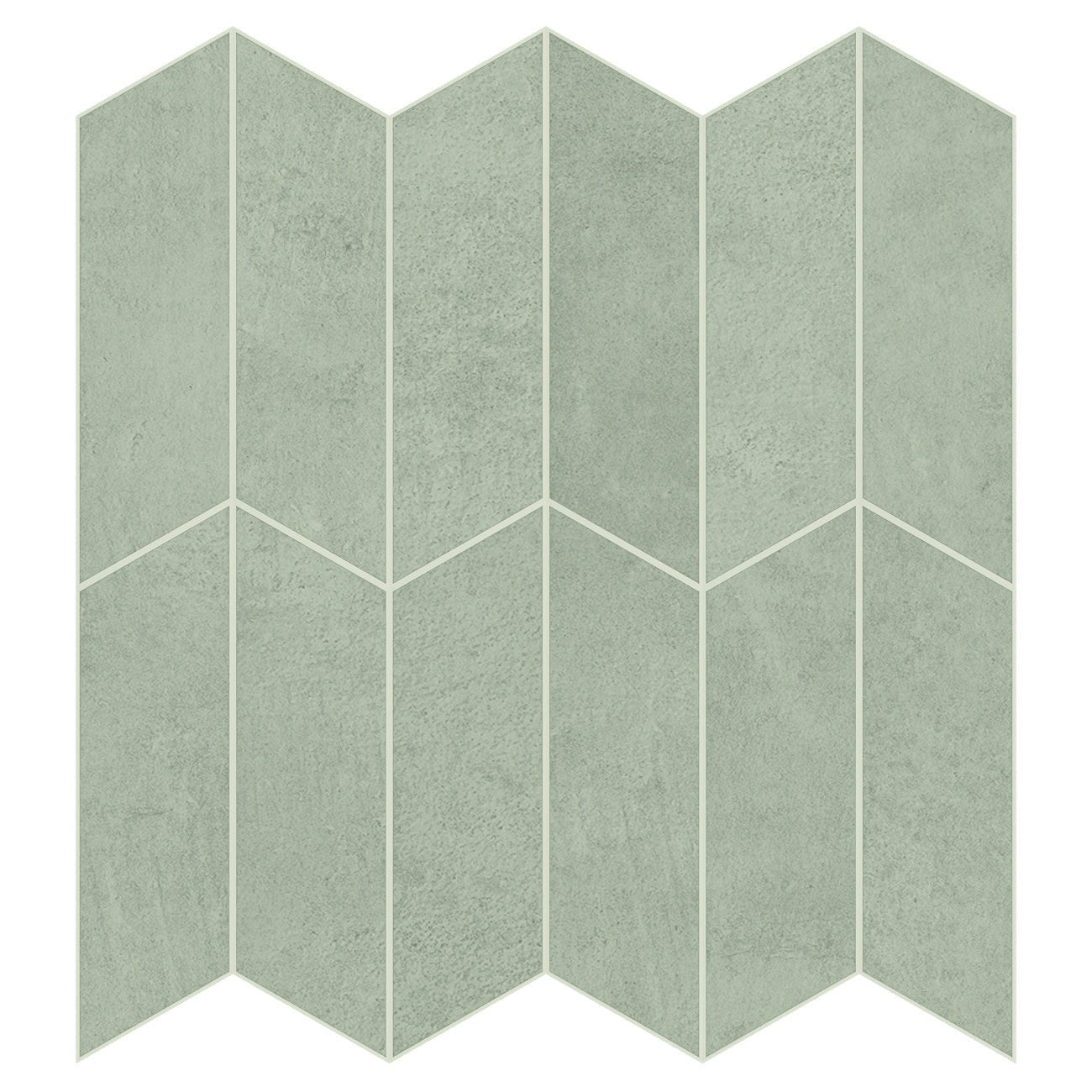 Matte gray concrete-look porcelain mosaic with delicate chevron pattern, subtle reliefs, and refined urban elegance.