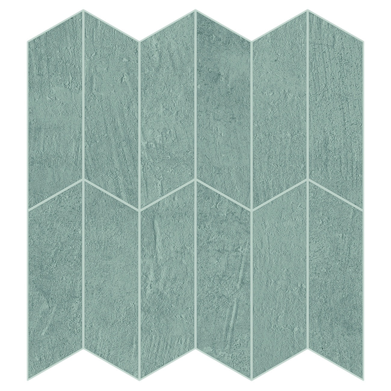 Handcrafted matte blue chevron mosaic with delicate reliefs and urban concrete elegance for refined modern interiors.