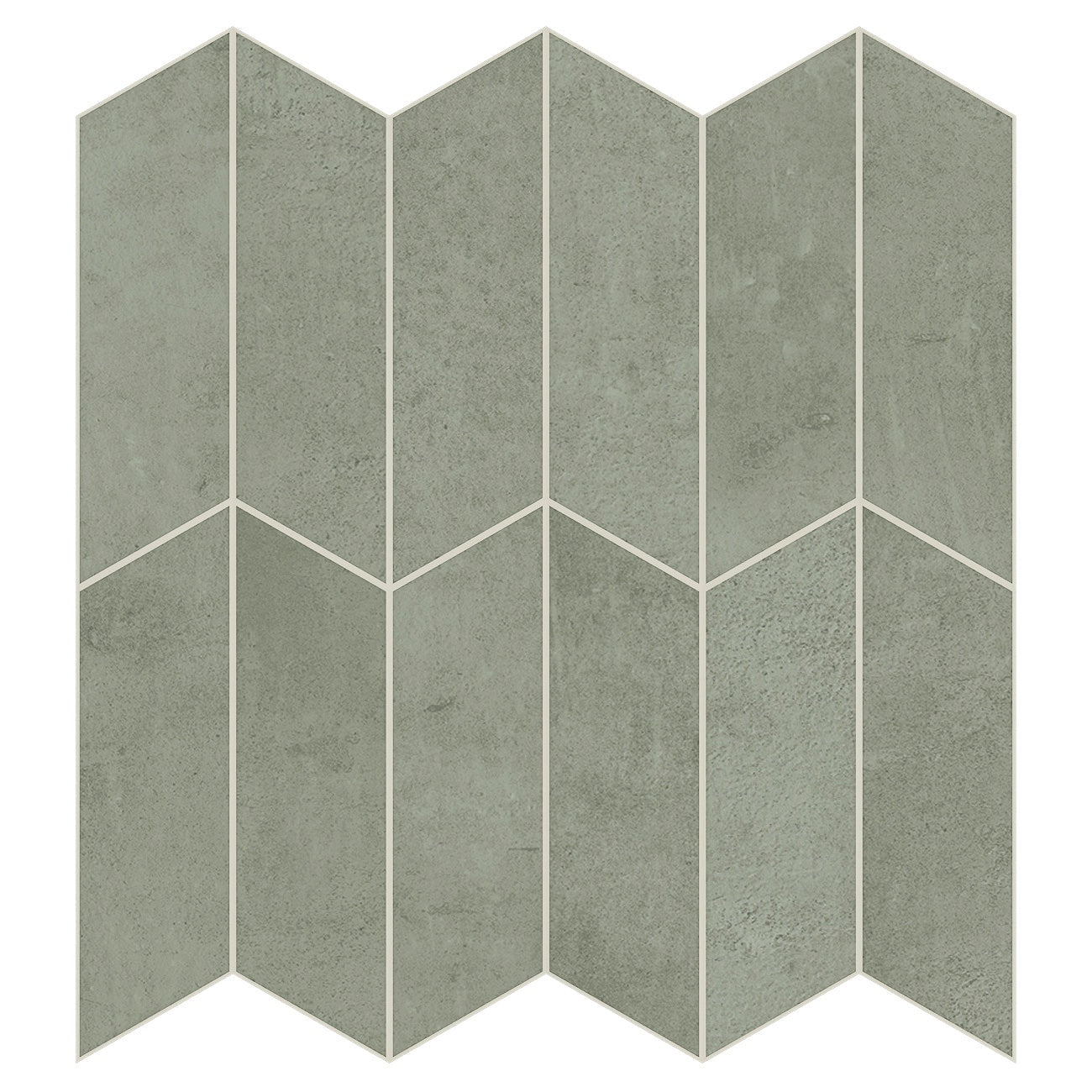 Handcrafted taupe chevron mosaic with delicate reliefs and a matte concrete finish, exuding urban elegance and artisanal serenity.