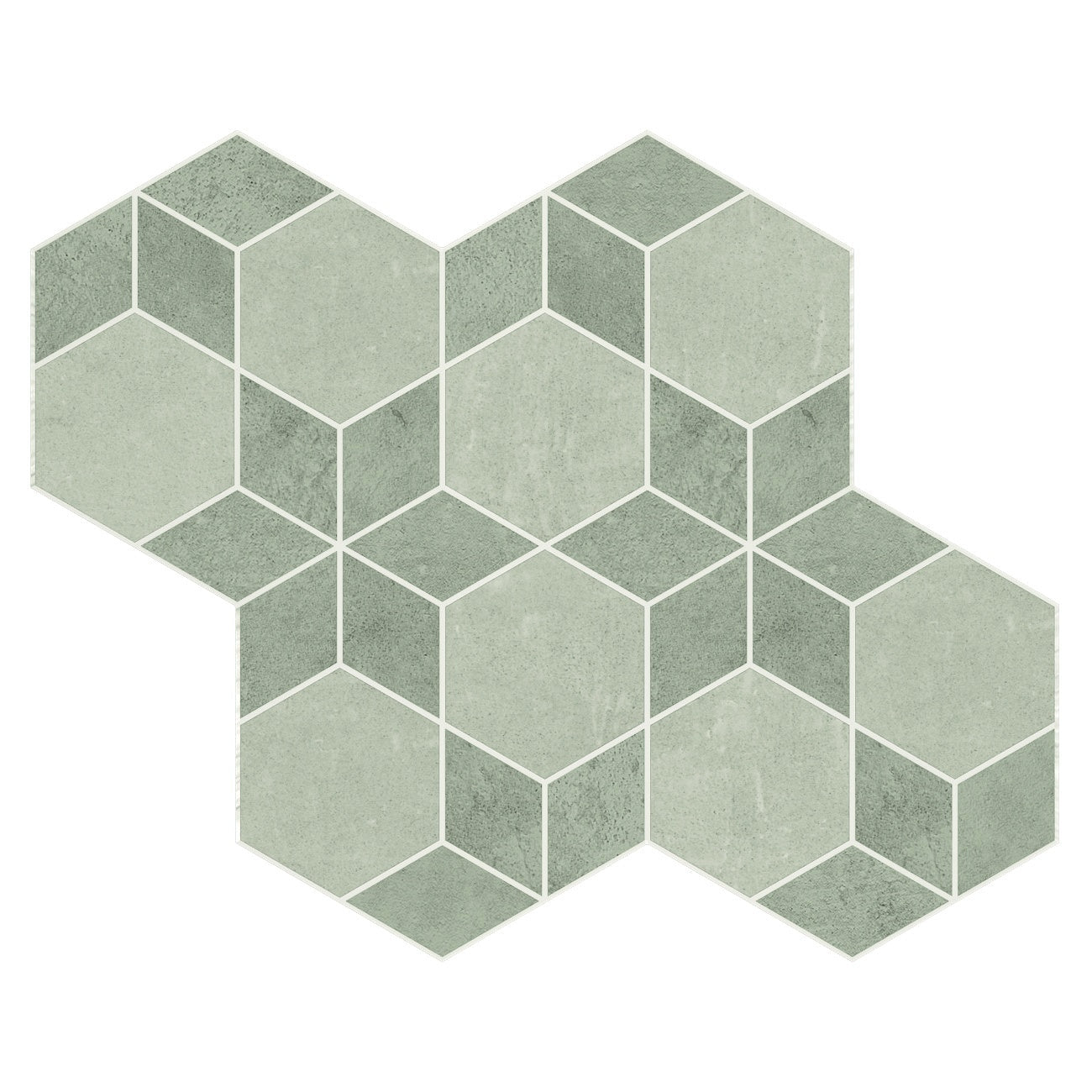 Matte gray concrete-look porcelain mosaic with delicate reliefs and interlocking hexagon-rhombus pattern, exuding urban sophistication.