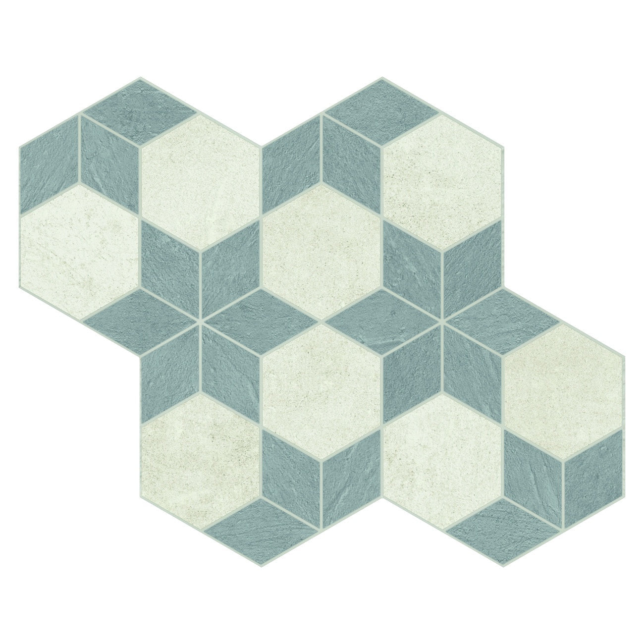 Handcrafted concrete-look mosaic in serene ocean blue with delicate reliefs and a refined matte finish.