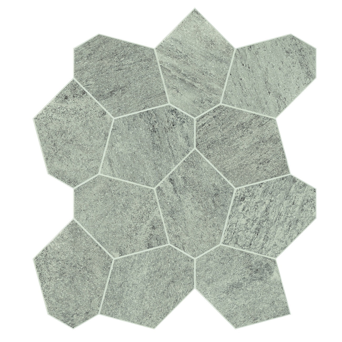 Matte gray porcelain mosaic with organic quartzite texture, evoking serene natural elegance in interlocking hexagon tiles.