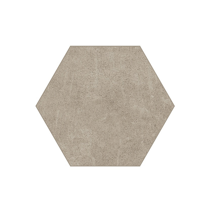 Hexagonal porcelain tile in soft beige with urban concrete texture, delicate reliefs, and matte finish for refined minimalist spaces.