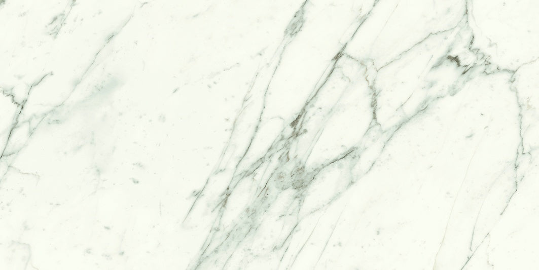 Elegant matte porcelain tile with soft white Calacatta marble veins, refined texture for serene, timeless interiors.