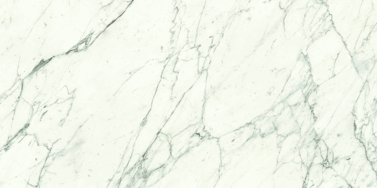 Elegant matte porcelain tile with Calacatta marble veining, refined white surface and soft gray veins for luxurious interiors.
