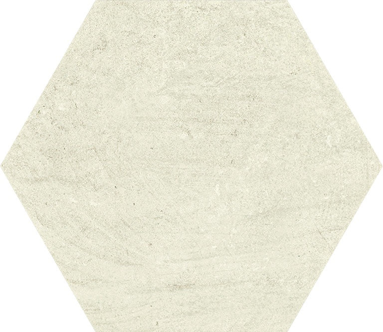 Hexagonal bone-beige porcelain tile with a warm, matte cotto finish, evoking organic Mediterranean charm and handcrafted bohemian elegance.
