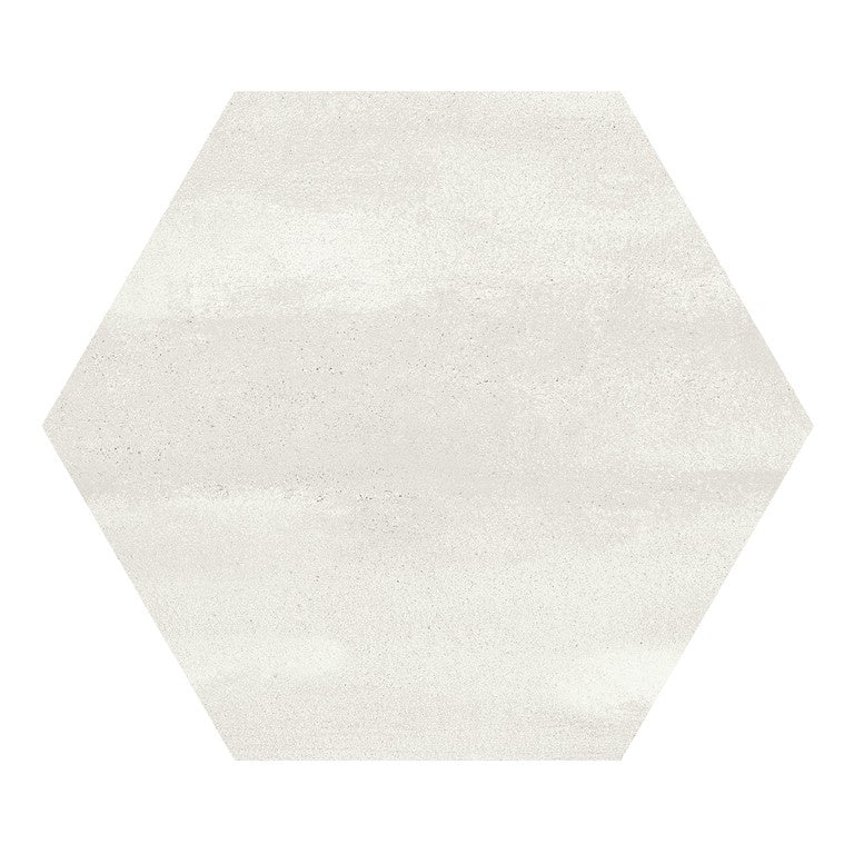 Hexagonal matte porcelain tile in luminous white with urban concrete texture, exuding modern sophistication and bold elegance.