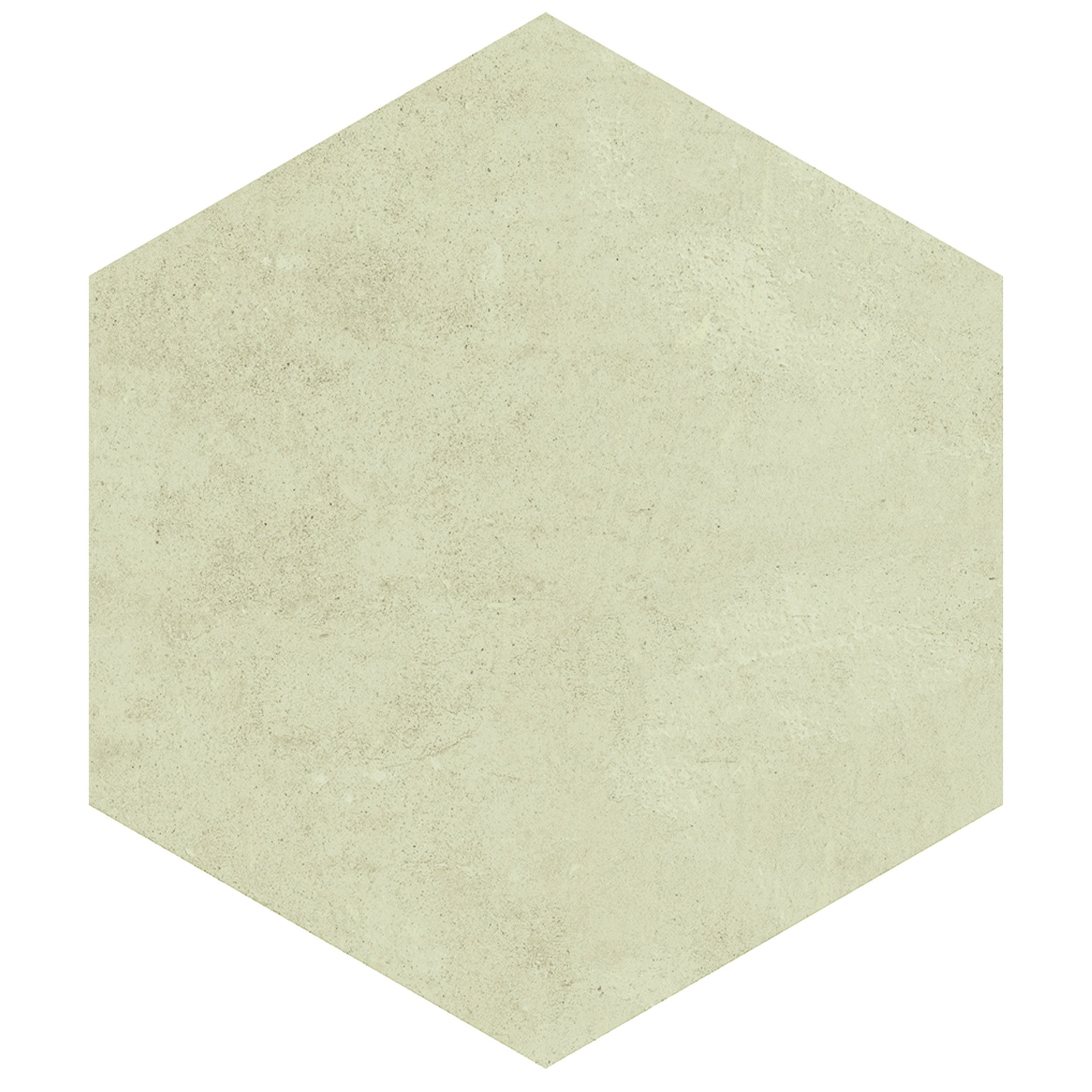 Hexagonal ivory porcelain tile with delicate handcrafted reliefs and soft urban concrete texture in a refined matte finish.