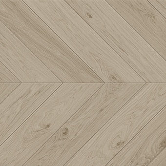 Matte porcelain chevron tile in warm ash gray, with smooth oak grain, delicate veins, and subtle knots for serene elegance.
