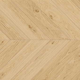 Luxury chevron porcelain tile in warm vanilla oak, with soft weavy veins and knots, smooth matte finish for serene elegance.