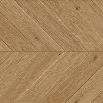 Matte caramel chevron porcelain tile with smooth oak grain, warm knots, and organic weavy veins for serene, elegant spaces.