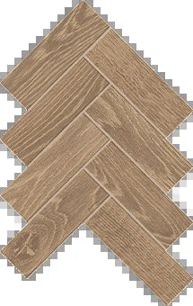 Matte herringbone mosaic tiles in warm oak tones, evoking rustic farmhouse charm with a serene, natural wood-look finish.