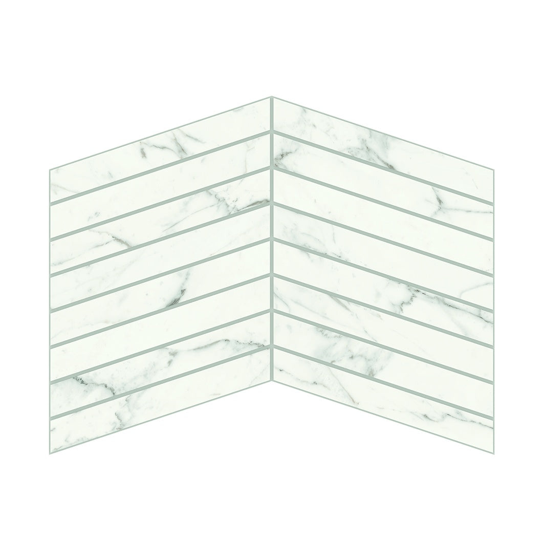 Matte white Calacatta marble-look porcelain chevron mosaic with soft gray veins, radiating timeless elegance and refined luxury.