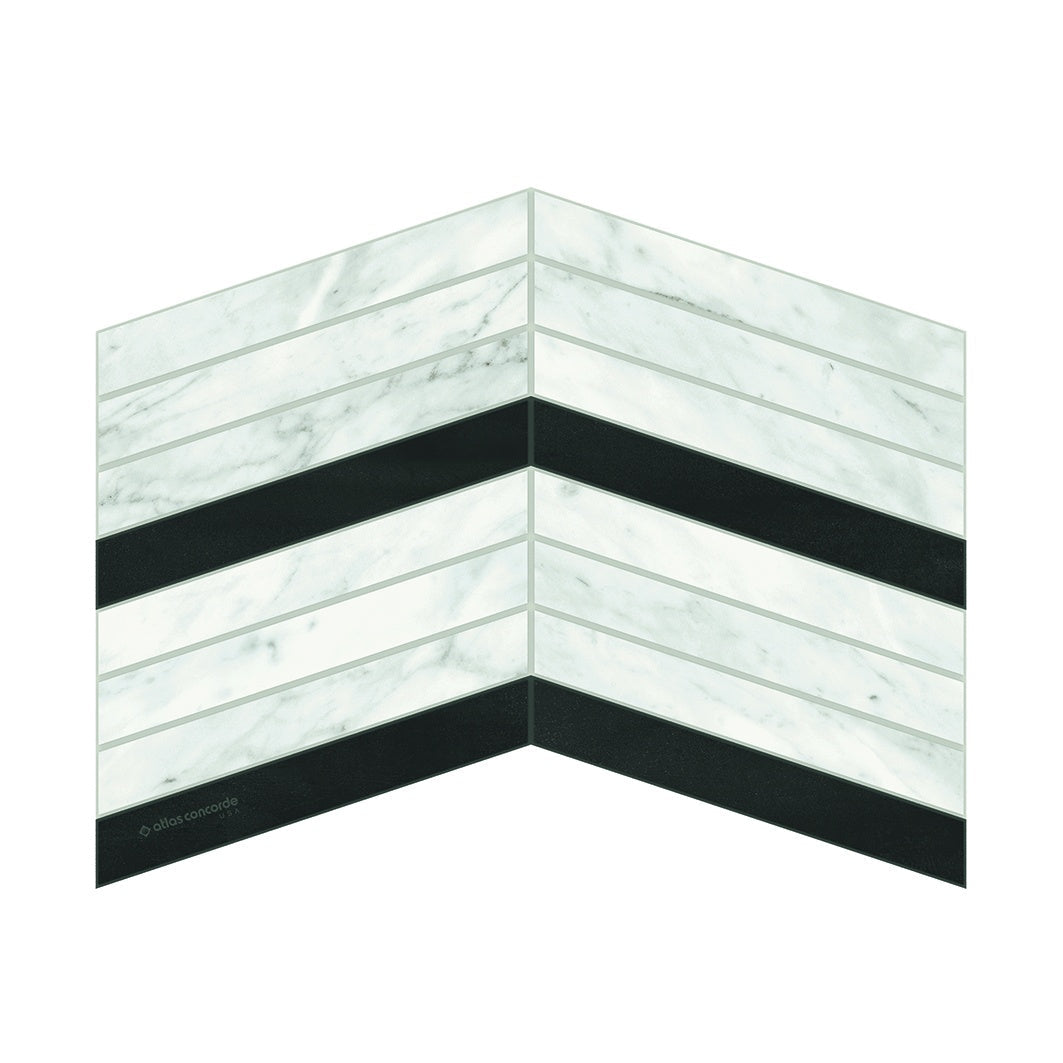 Elegant matte Carrara marble-look porcelain mosaic with refined black and white chevron pattern, exuding timeless luxury.