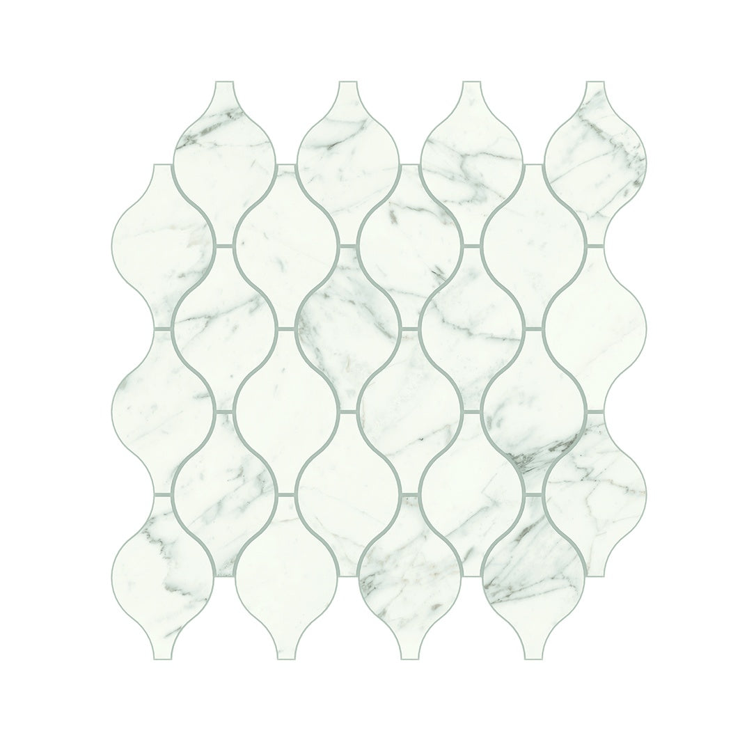 Elegant matte white arabesque mosaic with delicate gray veins, evoking timeless Calacatta marble luxury for refined interiors.