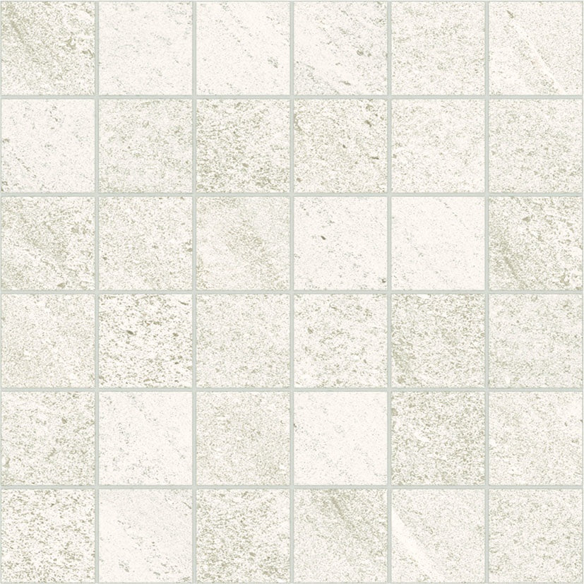 Matte white porcelain mosaic with delicate quartz grains, evoking refined limestone in a serene, organic-modern aesthetic.
